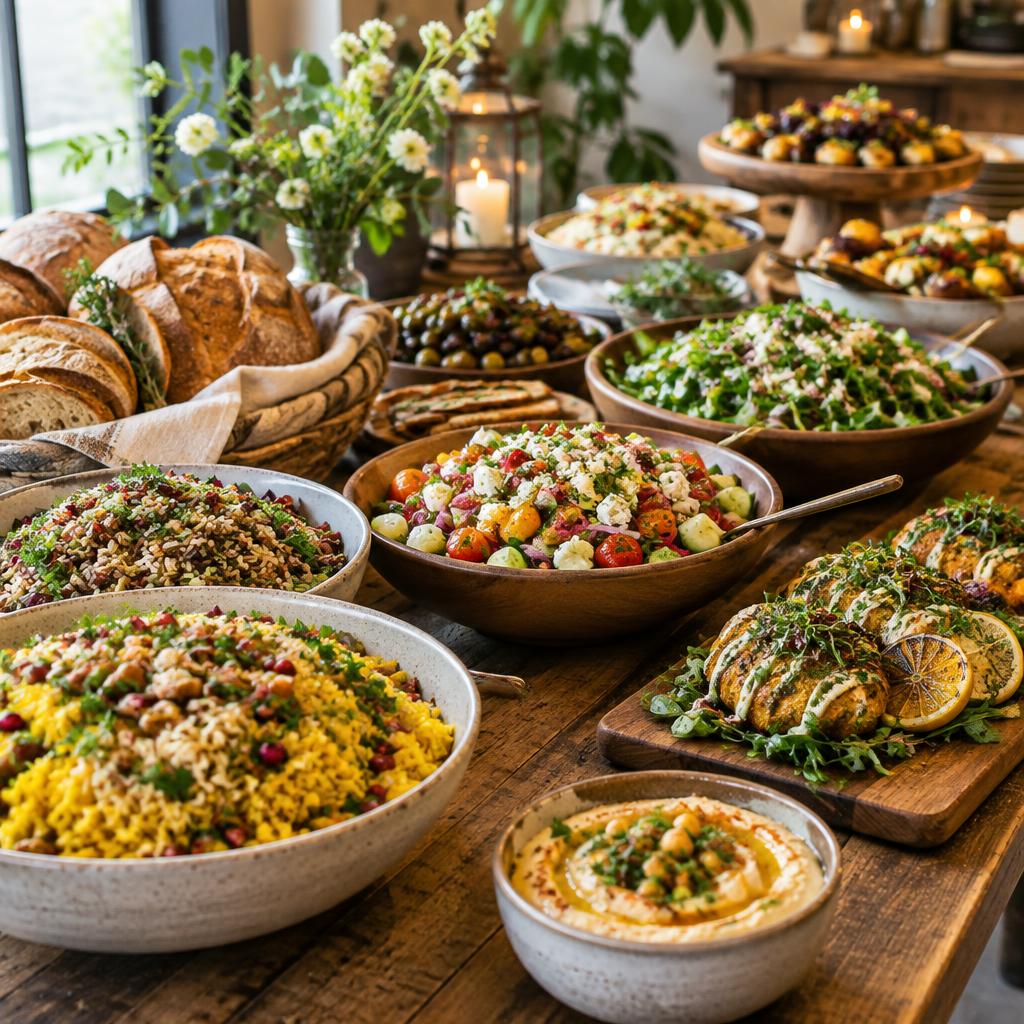 Frisch angerichtetes Catering-Buffet mit Bowls, Salaten und Brot