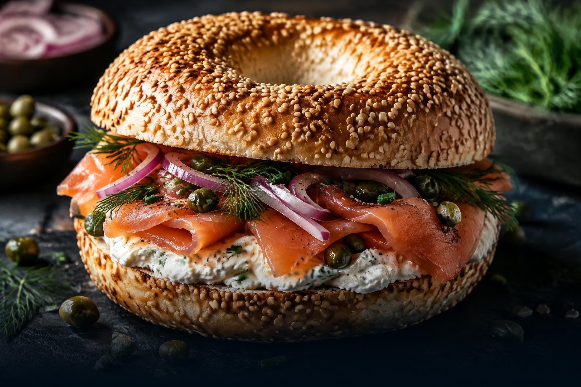 Frisch belegter amerikanischer Bagel mit Räucherlachs