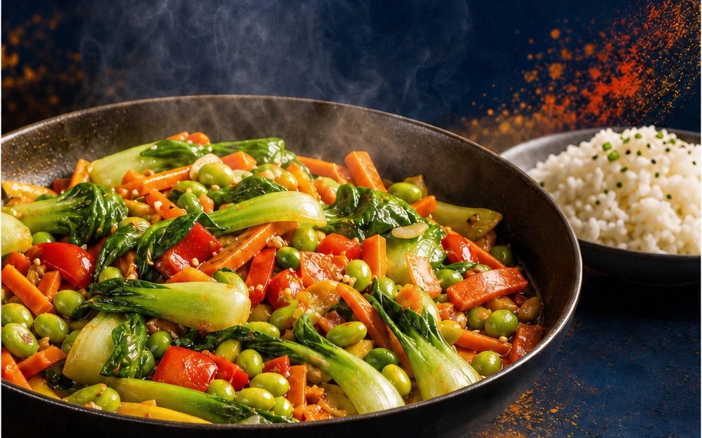 Vegetarische asiatische Gemüsepfanne mit Reis – Mittagstisch im Soul-Food.kitchen Bistro Lüdinghausen